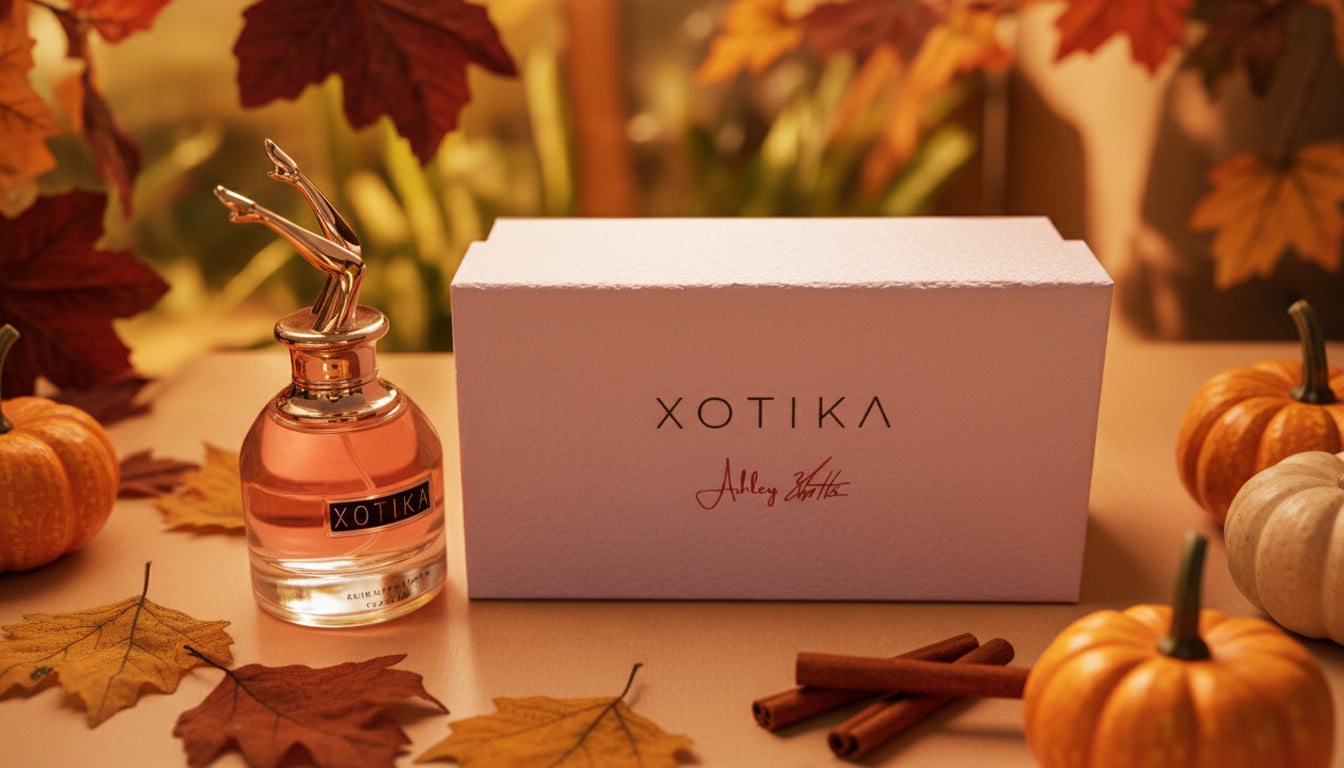 Xotika perfume bottle and box on a surface with a blurred background
